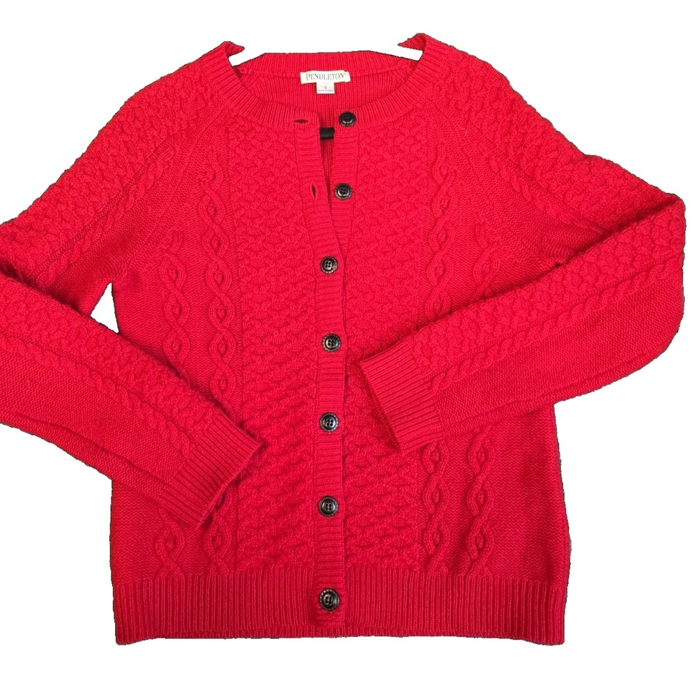 Pendleton Womens Small Wool Blend Button Down Cable Knit Cardigan Sweater Red